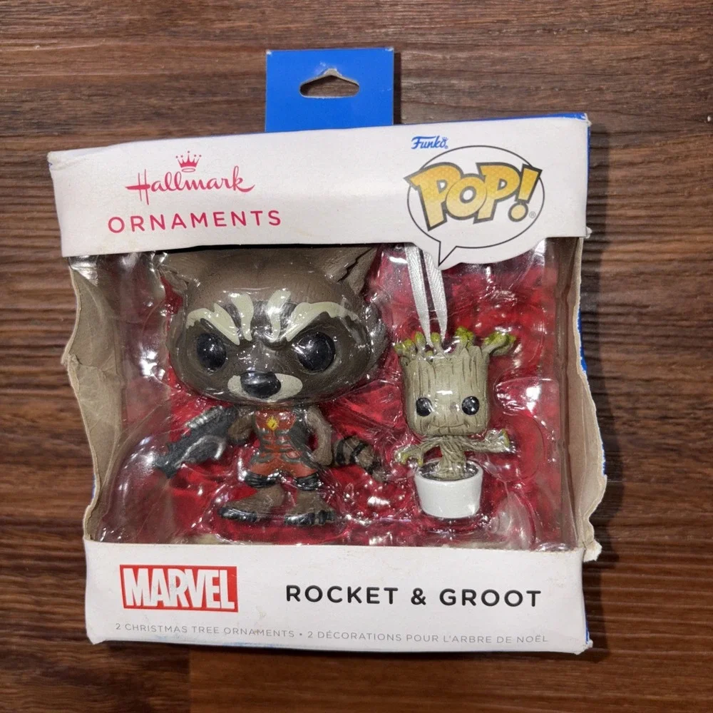 HALLMARK Funko Rocket And Groot Golden Chase Set Marvel‎ Christmas Ornaments NIB